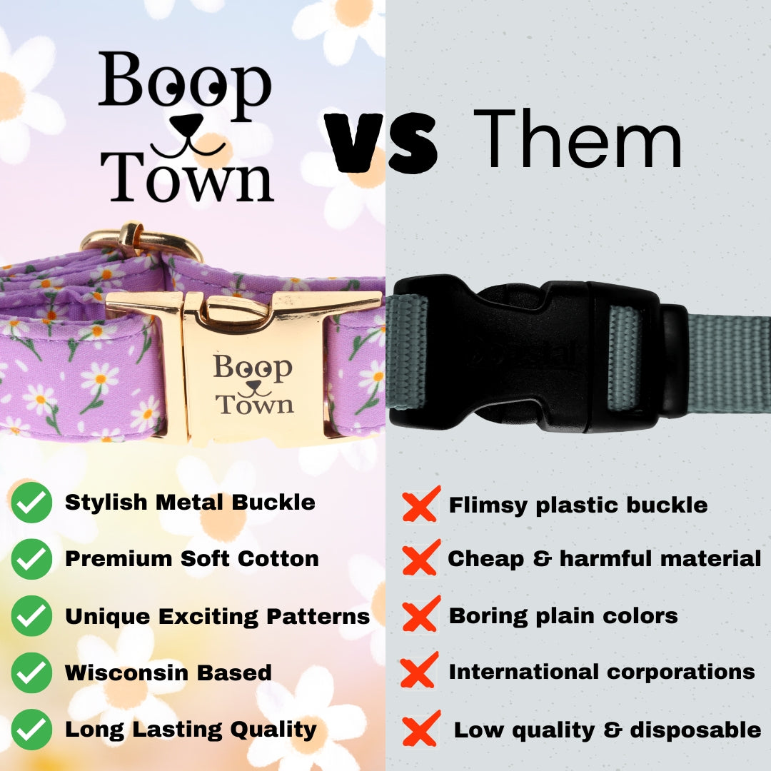 Boop Town Soft Cotton Dog Collar Adjustable Durable Gold Hardware