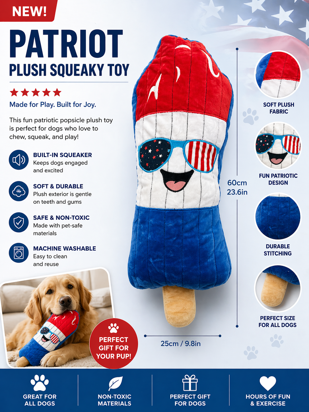 Large Patriotic Squeaky Crinkle Dog Toy | 60cm