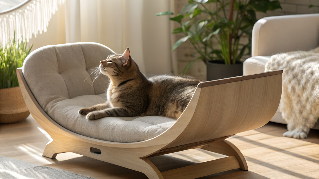 Brown tabby cat resting contentedly in modern beige cat lounge chair