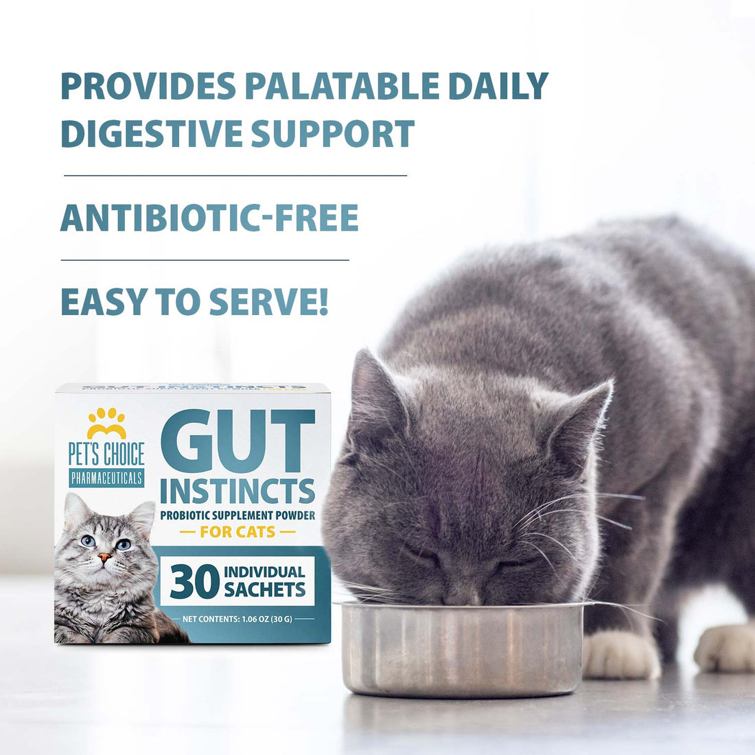Pet’s Choice Gut Instincts Probiotic for Cats, Digestive & Immune Support, 30 Powder Packets, Made in USA