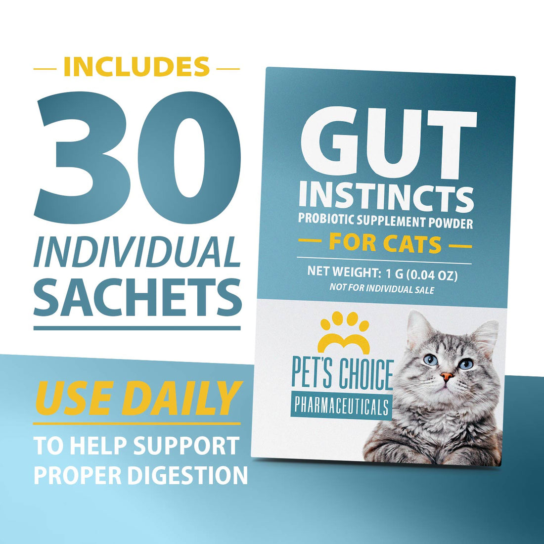 Pet’s Choice Gut Instincts Probiotic for Cats, Digestive & Immune Support, 30 Powder Packets, Made in USA