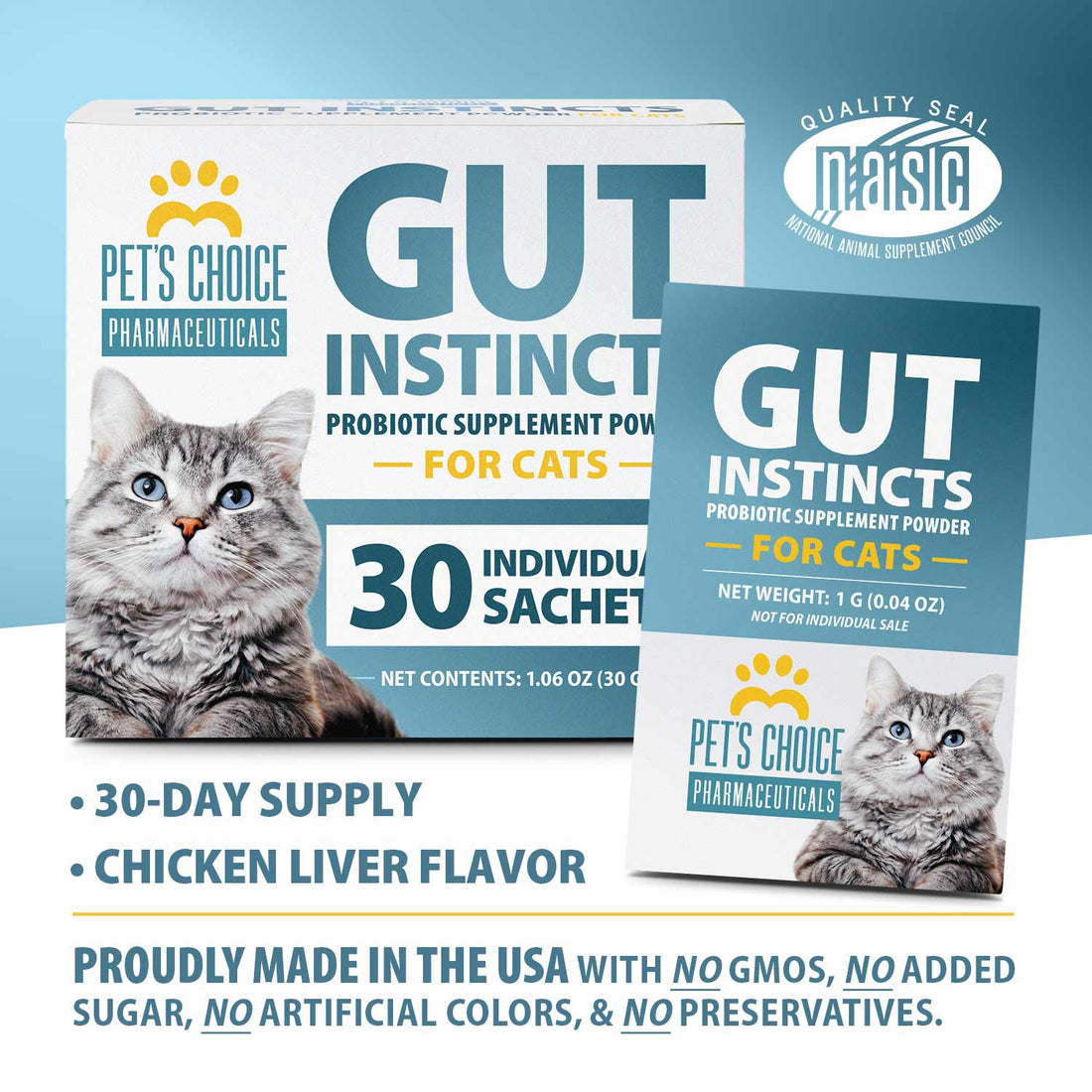 Pet’s Choice Gut Instincts Probiotic for Cats, Digestive & Immune Support, 30 Powder Packets, Made in USA